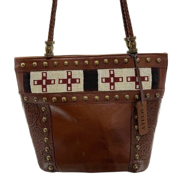 Vtg Scully Brown Tooled Beaded Leather Shoulder Bucket Bag Purse Western Boho - Picture 2 of 11